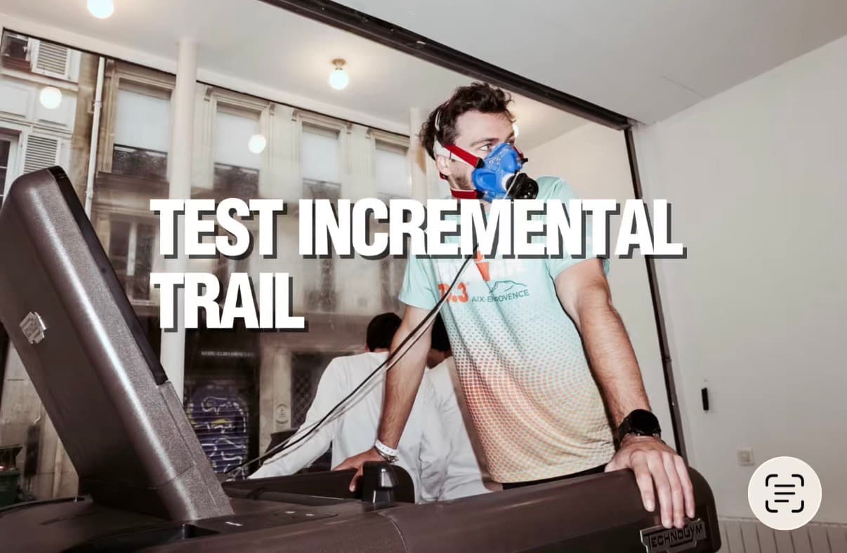 Bilan Trail au LAB : coureur sur tapis inclinable, masque d'analyse des gaz, testeur au poste de mesure